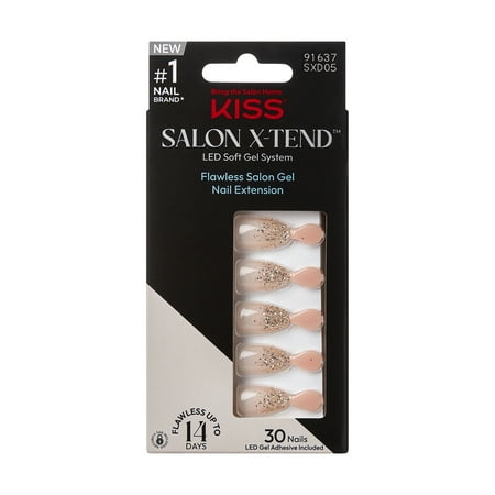 Kiss Salon X-tend LED Gel Nail Kit Press On Nails, Silver, Short Coffin, 30 Count