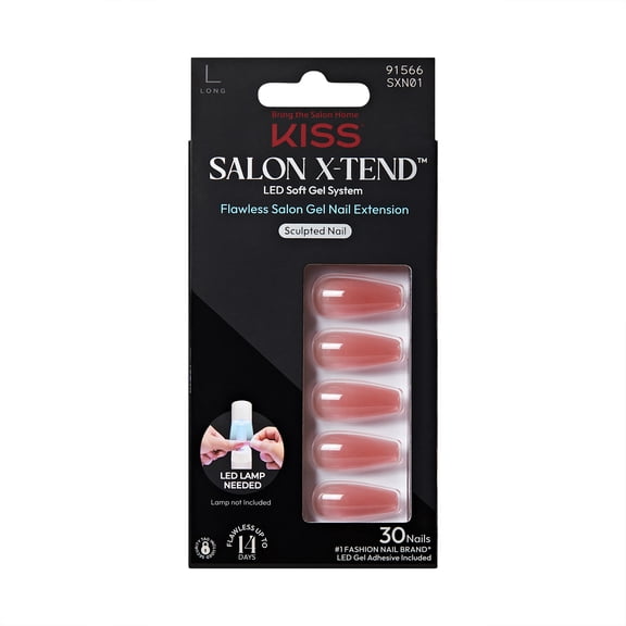 KISS Salon X-tend LED Gel Nail Kit Press On Nails, Solid Pink, Long Coffin, 30 Count