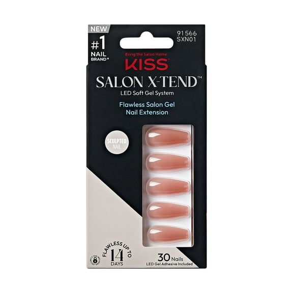 KISS Salon X-tend LED Soft Gel System Press on Nails, Flowers, Pink, Long Coffin, 30 Count
