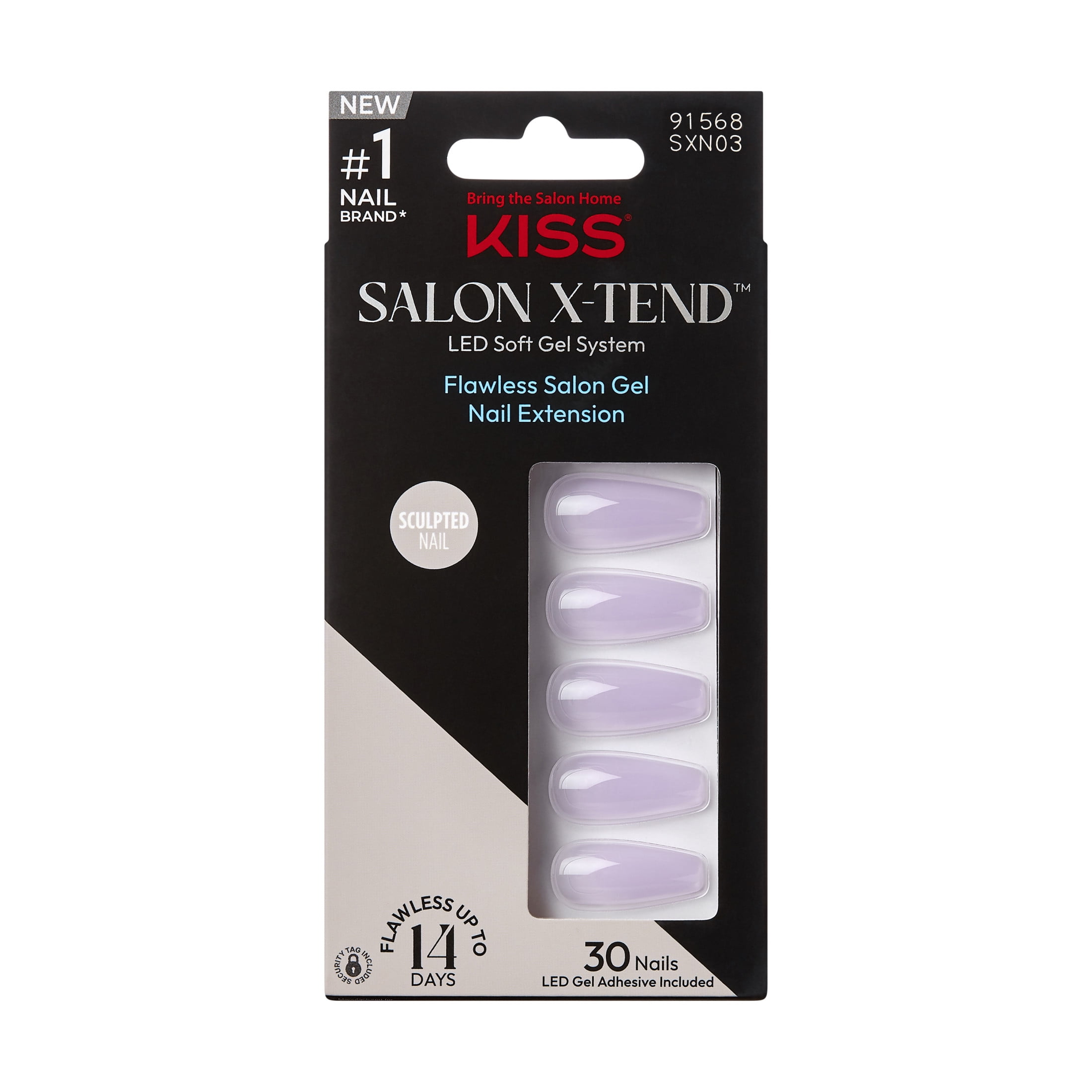 KISS Salon X-tend LED Soft Gel System Color Nails, Solid Lavender, Long Coffin, 34 Ct.