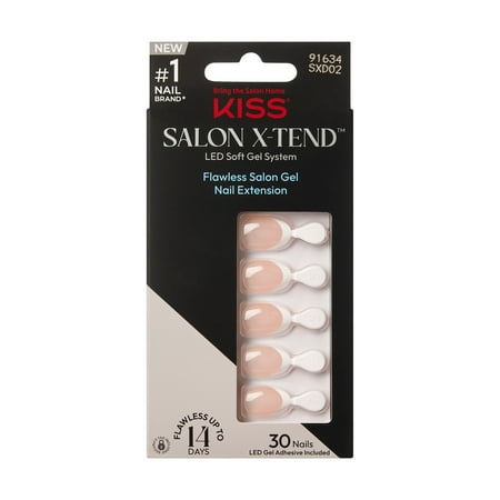 KISS Salon X-tend LED Soft Gel System Press on Nails, Nonsense, White, Short Almond, 30 Count
