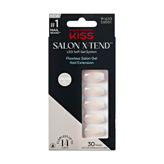 KISS Salon X-tend LED Soft Gel System Press on Nails, Words, White, Medium Coffin, 30 Count