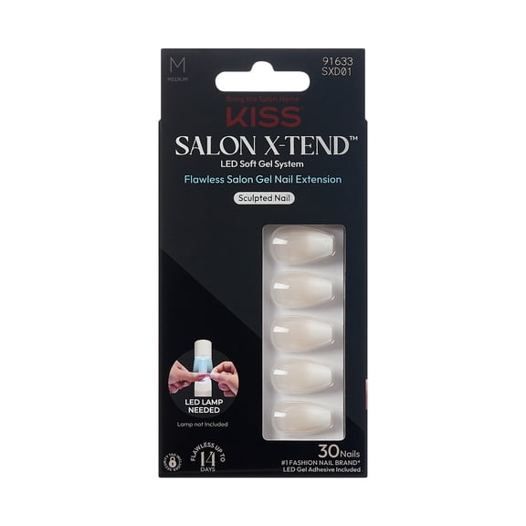 KISS Salon X-tend LED Soft Gel System Press on Nails, Words, White, Medium Coffin, 30 Count