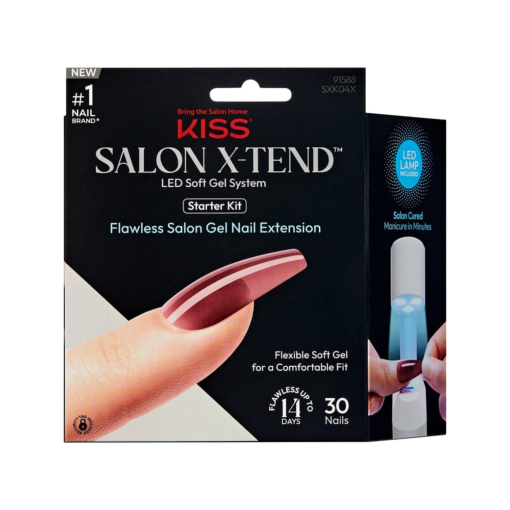 KISS Salon X-tend LED Soft Gel System Starter Kit, 'Fiat', Red, Long Coffin, 62 Ct.