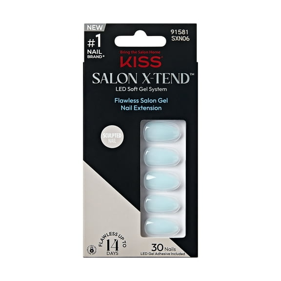 KISS Salon X-tend Salon X-tend LED Soft Gel System, Press On Nails, Choices, Blue, Medium Almond, 30 Count