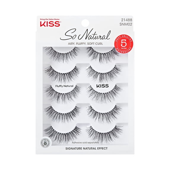 Kiss So Natural False Eyelashes, ‘Fluffy Natural’, 10mm-12mm, Medium Volume, 5 Pairs