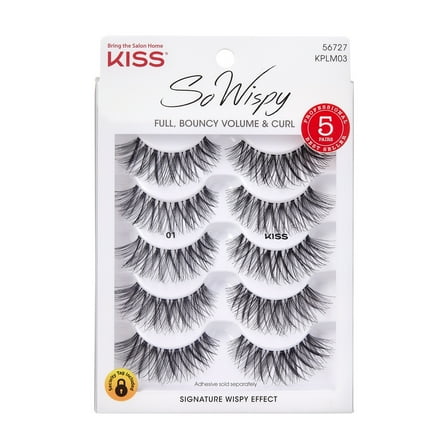 KISS So Wispy False Eyelashes, Strip Lashes, Style 01, Black, 14mm, 5 Pairs