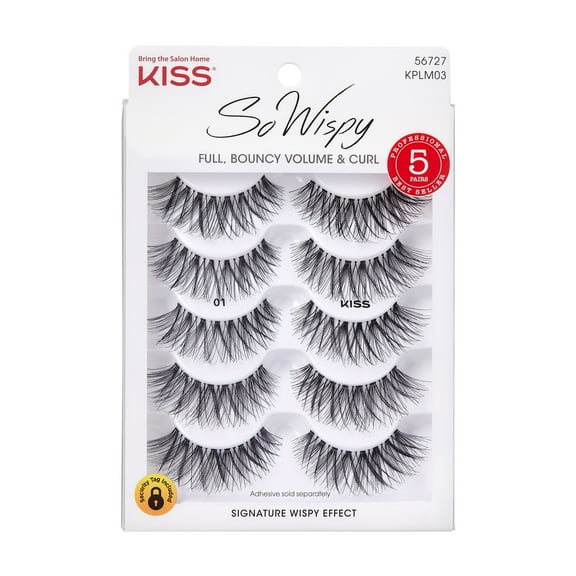KISS So Wispy False Eyelashes, Strip Lashes, Style 01, Black, 14mm, 5 Pairs
