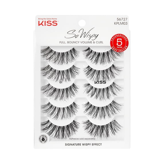 KISS So Wispy False Eyelashes, Strip Lashes, Style 01, Black, 14mm, 5 Pairs