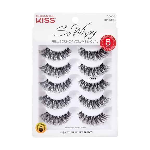 Kiss So Wispy False Eyelashes, Strip Lashes, Style 11, Black, 12mm, 5 Pairs