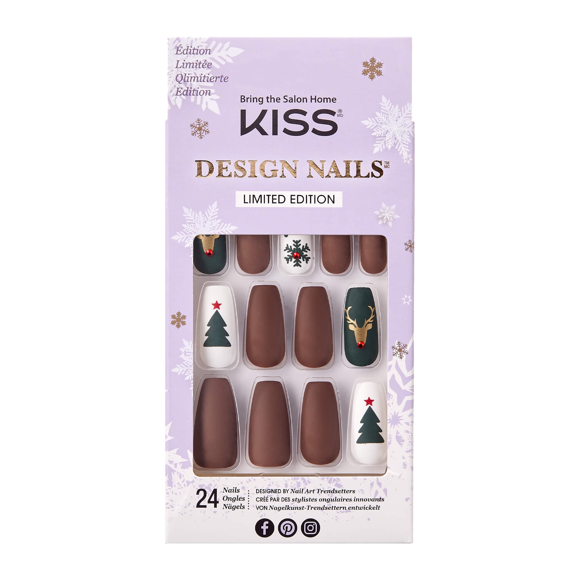 KISS Special Design Limited Edition Holiday Fake Nails, Style Christmas Miracle, Multi-Colored Long Gel Coffin Reindeer, with Nail Glue, Mini File, Manicure Stick & 24 False Nails