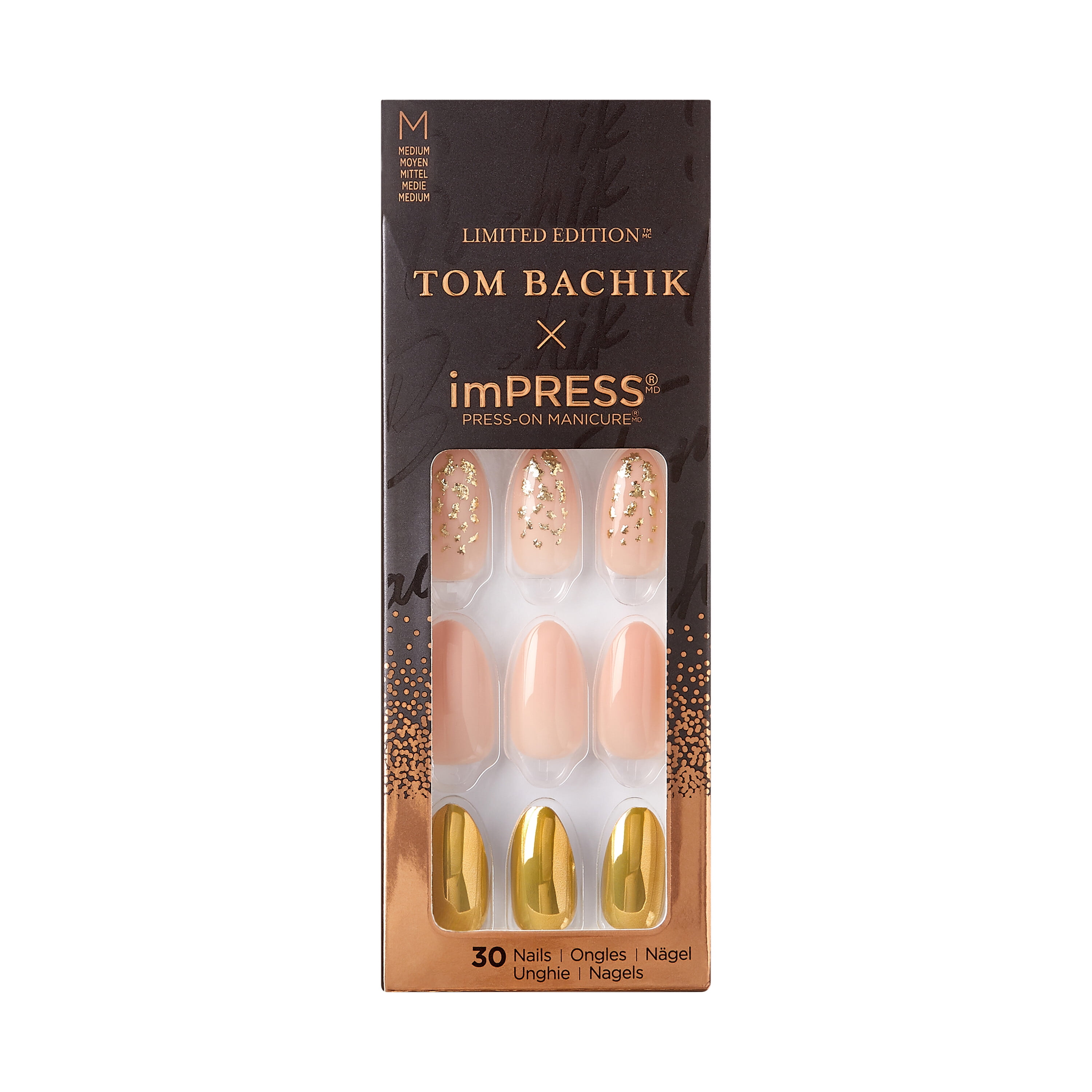 KISS TOM BACHIK x imPRESS Medium Almond PressOn Nails, Neutral, 30