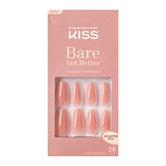 Kiss Bare but Better Press On Nails, Glossy Coral, Long Length, Coffin Shape, 28 Ct.