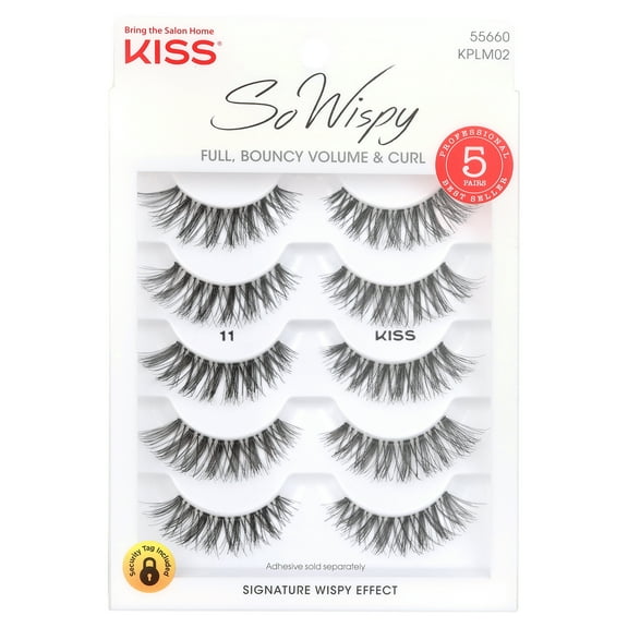 (2 pack) Kiss So Wispy False Eyelashes, Strip Lashes, Style 11, Black, 12mm, 5 Pairs