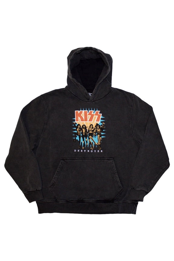 KISS Unisex Stone Wash Pullover Hoodie Sweatshirt Destroyer 3D Logo (Charcoal Grey) (Medium)