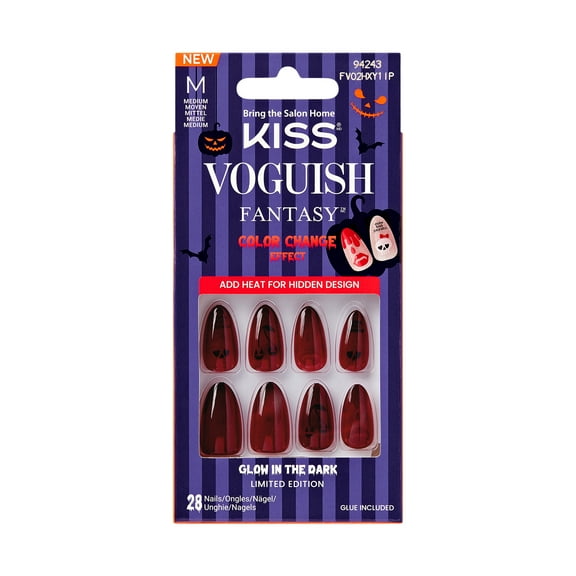 KISS Voguish Fantasy Glow in the Dark & Color Change Effect, Press On Nails, Sunday Candy, Red, Medium Almond, 28 Count