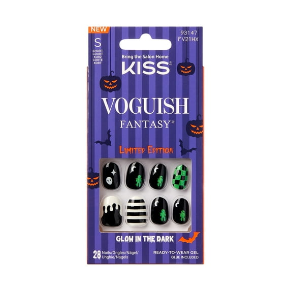 KISS Voguish Fantasy Glow in the Dark, Press On Nails, Dark Clowns, Black, Short Oval, 28 Count