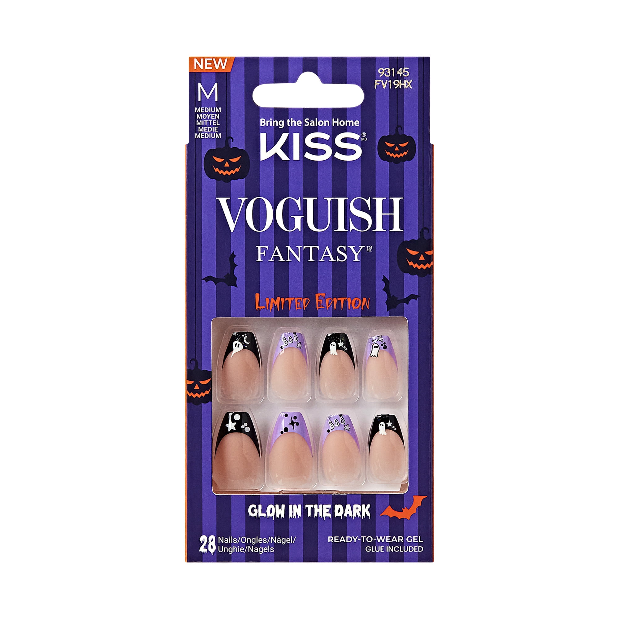 KISS Voguish Fantasy Glow in the Dark, Press On Nails, Forest Spirit, Purple, Medium Coffin, 28 Count