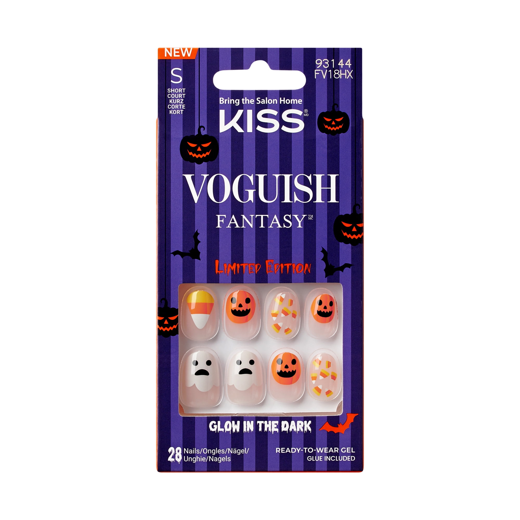 KISS Voguish Fantasy Glow in the Dark, Press On Nails, Jugglers, Orange, Short Oval, 28 Count