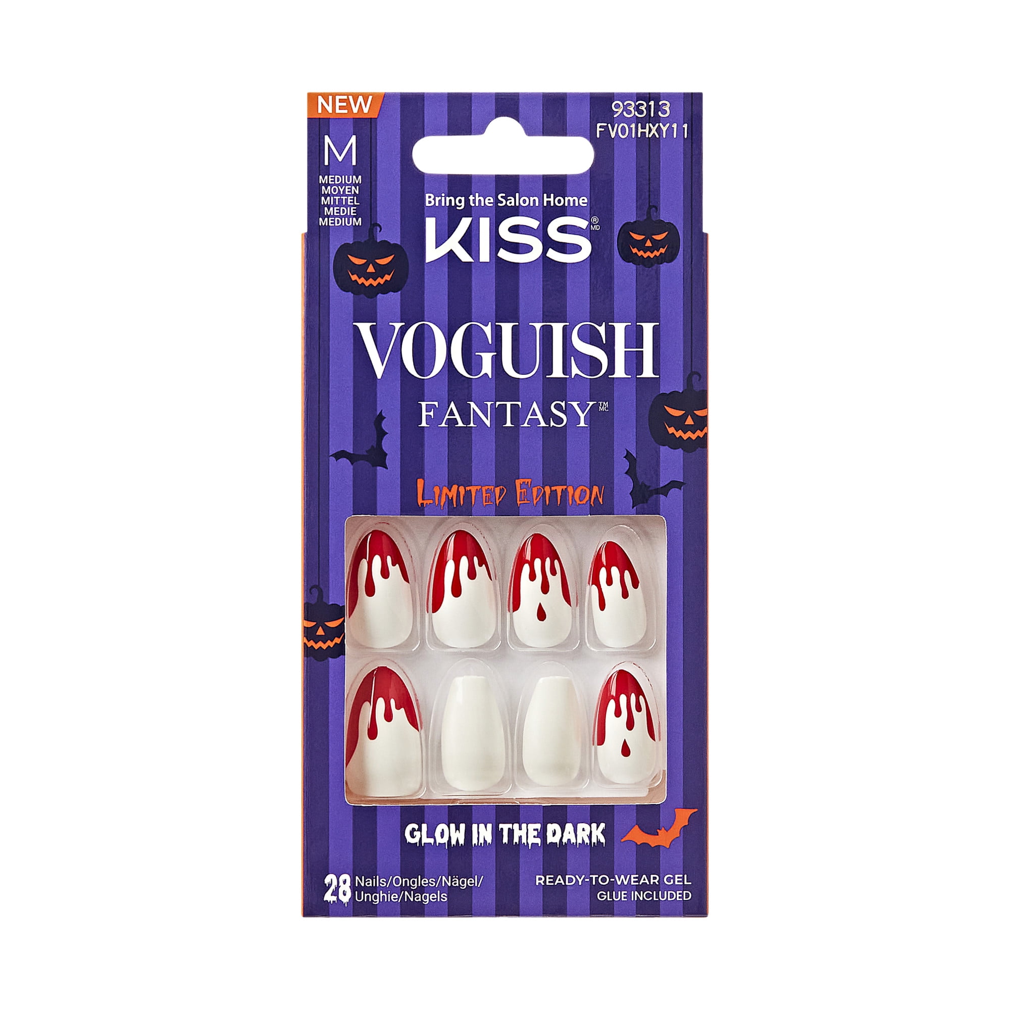 KISS Voguish Fantasy Glow in the Dark, Press On Nails, Vampire Bite, White, Medium Almond, 28 Count