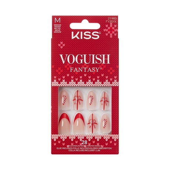 KISS Voguish Fantasy Holiday Press On Nails Almond, ‘Warm n Cozy’, Red, Medium, 28 Count