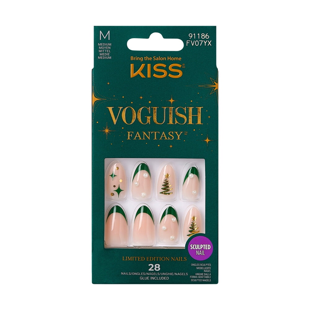 KISS Voguish Fantasy Holiday Press-On Nails, Snowman, Green, Medium ...