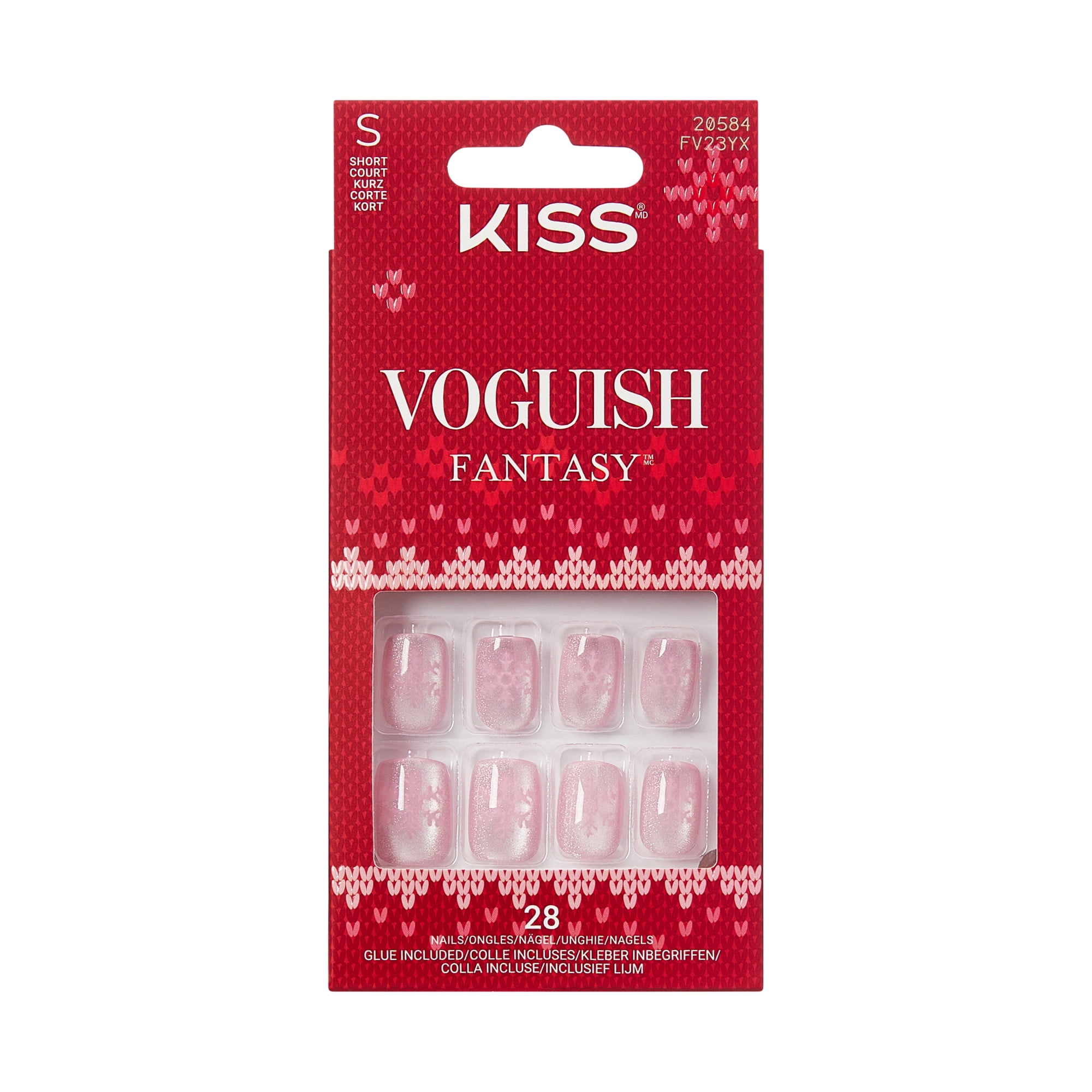 KISS Voguish Fantasy Holiday Press On Nails, Frosty Delights, Pink, Short Squoval, 28 Count