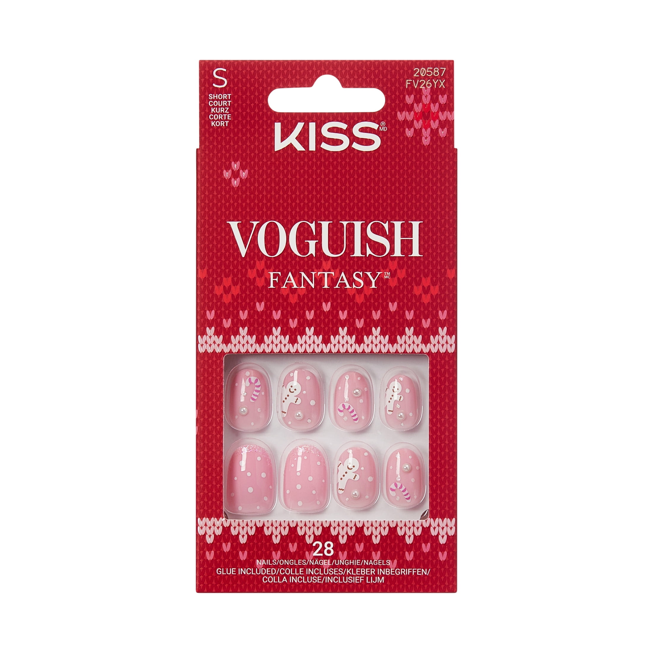 KISS Voguish Fantasy Holiday Press on Nails, Ho Ho Holiday, Pink, Short Oval, 28 Count