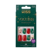 KISS Voguish Fantasy Holiday Press-on Nails, Stockings, Red, Medium Length, Square Shaped, 28 Count