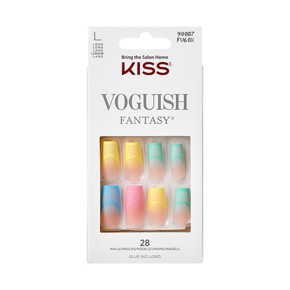 KISS Voguish Fantasy Long Square Glue-On Summer Nails, Multi-Pastel, 28 Pieces