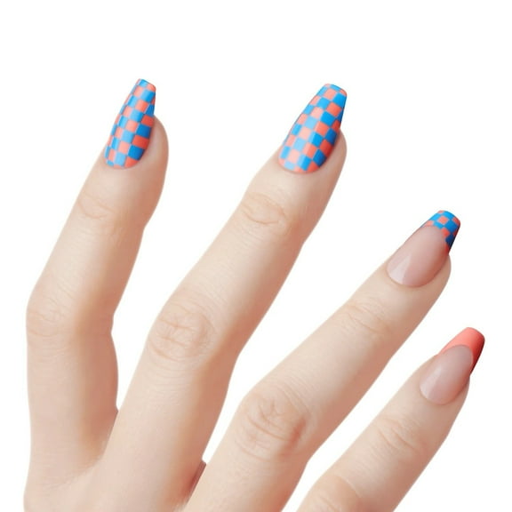 KISS Voguish Fantasy Press On Glue Nails - Faves 28 Fake Coffin Blue Red Orange