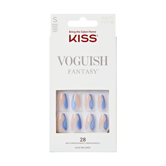 KISS Voguish Fantasy, Press-On Nails, Beauty Schooler, Blue, Short Coffin, 28 Count