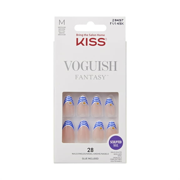 KISS Voguish Fantasy Press on Nails, Back in Style, Blue, Medium Almond, 28 Count
