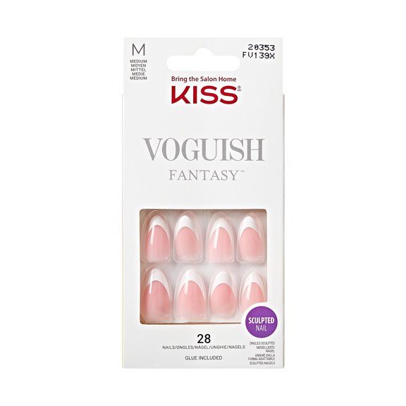 KISS Voguish Fantasy French Tip Press On Nails Almond, Get Lucky, Beige, Medium, 28 Count