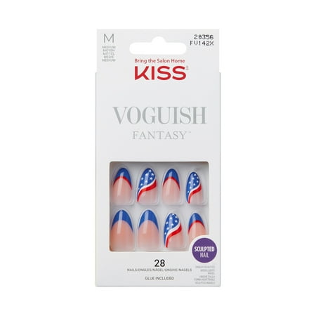 KISS Voguish Fantasy Patriotic Press On Nails, Red, White & Blue, Medium, Almond, 28 Count