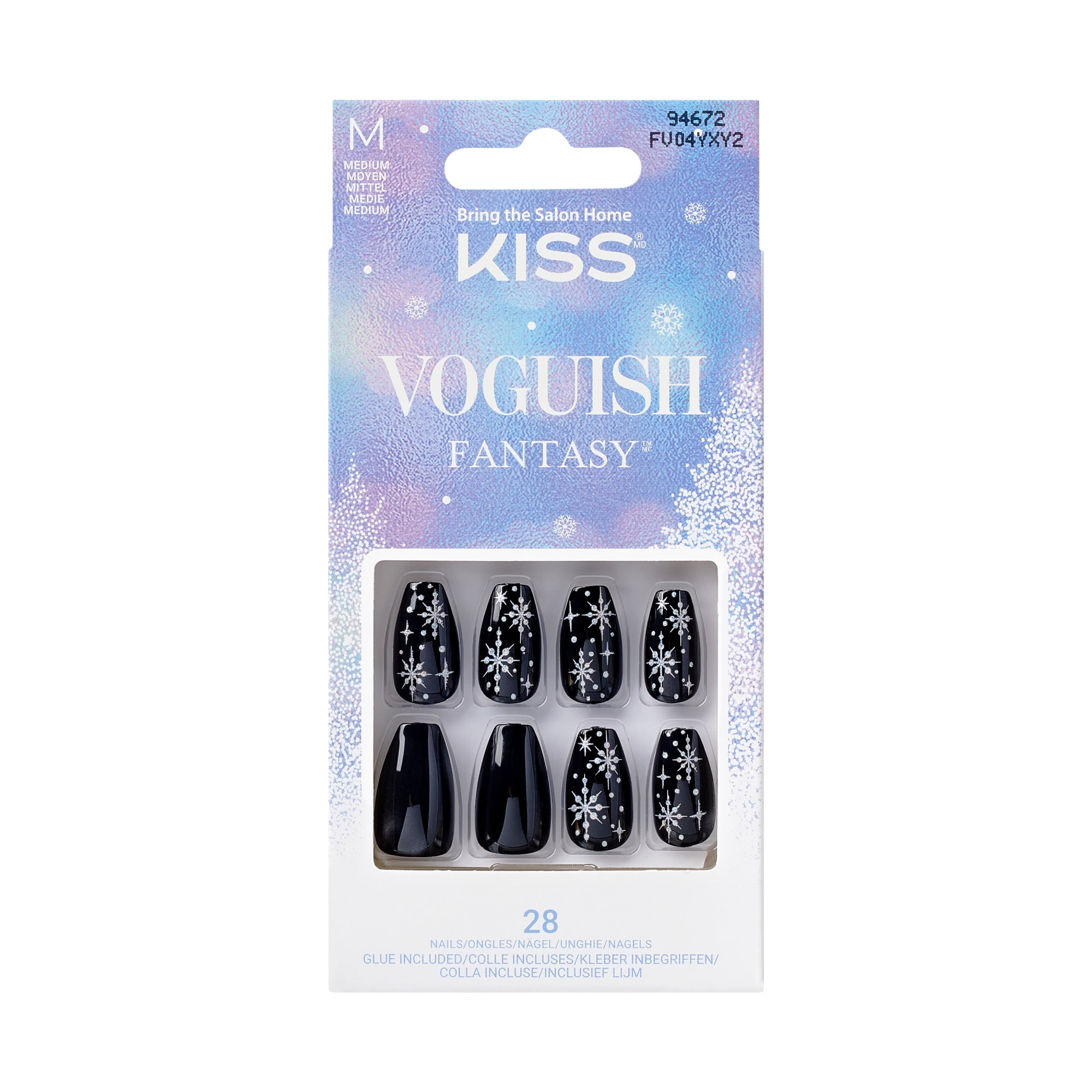 KISS Voguish Fantasy Holiday, Press on Nails, The Merriest, Black, Medium Coffin, 28 Count