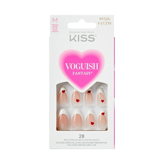 KISS Voguish Fantasy Valentine's Day Press on Nails, Love Rain, White, Medium Almond, 28 Count