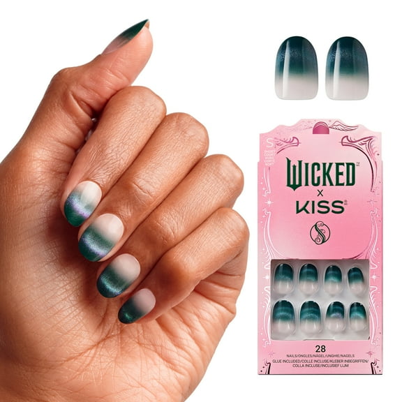 WICKED X KISS Press on Nails, Don't Hide your Magic, Green, Short Oval, 28 Count