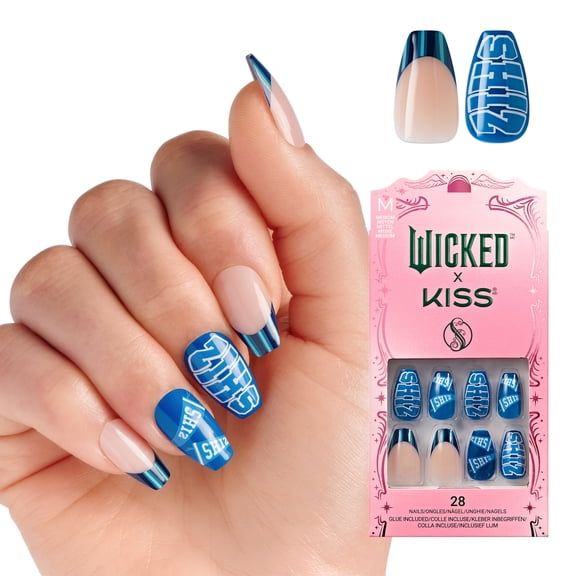 KISS WICKED X KISS Press on Nails, Shiz Campus, Blue, Medium Coffin, 28 Count