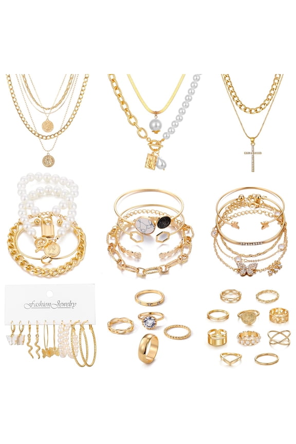 Gold Jewelry Set for Women with Multi Layered Necklaces, Stackable Bracelets, Knuckle Rings, Hoop Earrings, Fashion Outfit Accessories Jewelry Packs, Gifts for Women (Style 1) C113