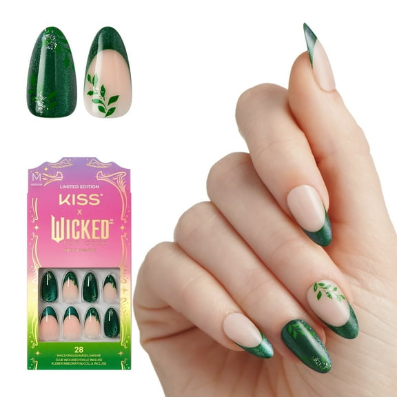 KISS X WICKED: FOR GOOD Press On Nails Almond, Dreams Take Flight, Green, Medium, 28 Count