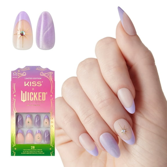 KISS X WICKED: FOR GOOD Press On Nails Almond, Find Your Courage, Purple, Medium, 28 Count