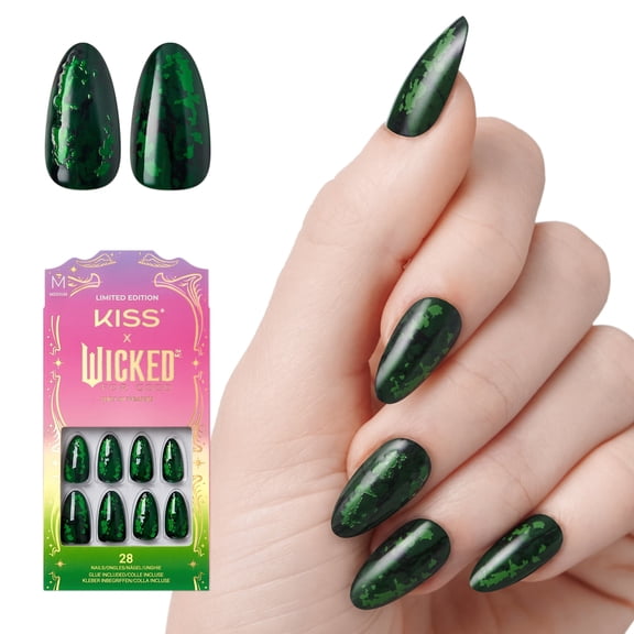 KISS X WICKED: FOR GOOD Press On Nails Almond, My Future Is Unlimited, Green, Medium, 28 Count