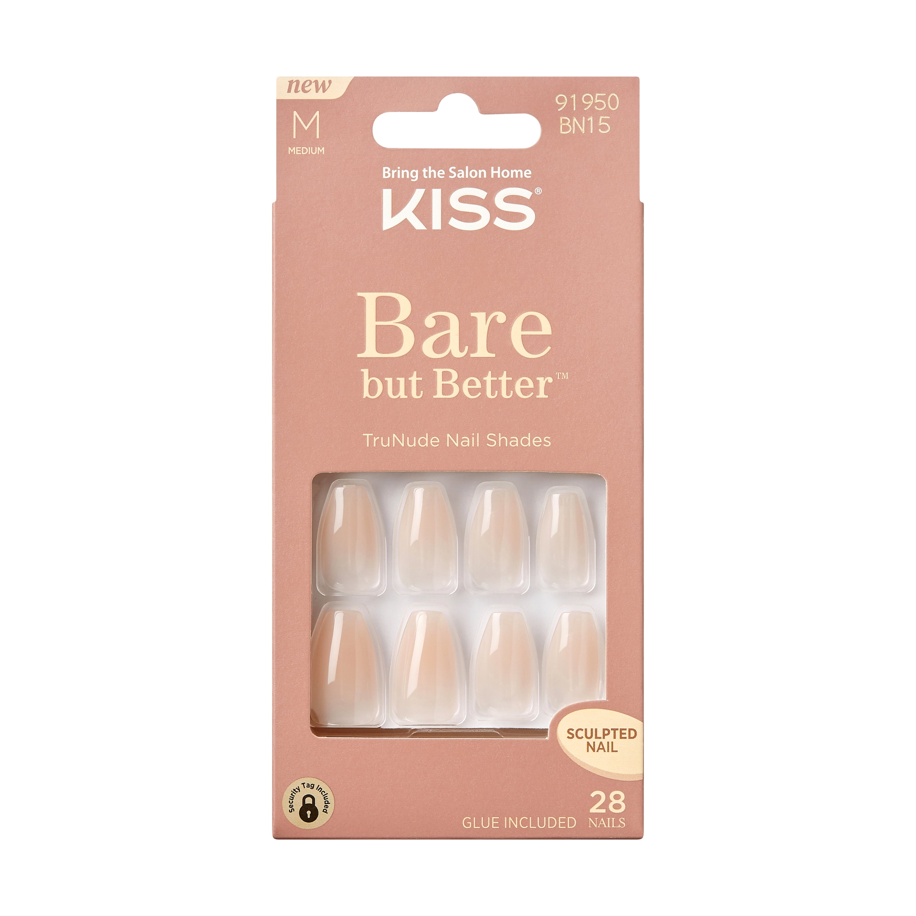 KISS bare but better, press-on nails, embrace it, beige, med coffin, 28 count