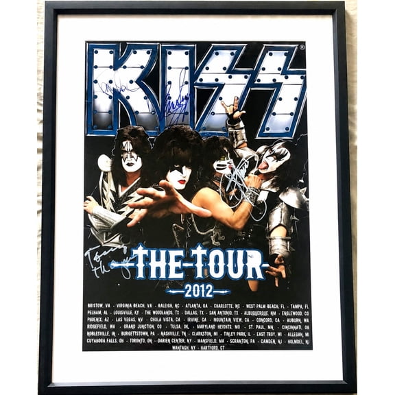 KISS full group autographed 2012 tour poster framed Gene Simmons Paul Stanley JSA