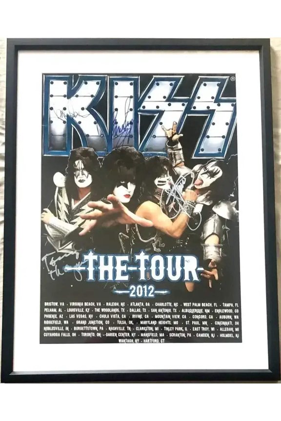 KISS full group autographed 2012 tour poster framed Gene Simmons Paul Stanley JSA
