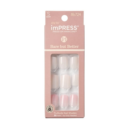 IMPRESS Bare But Better Press On Nails, Effortless Finish, Beige, Short Squoval, 30 Count