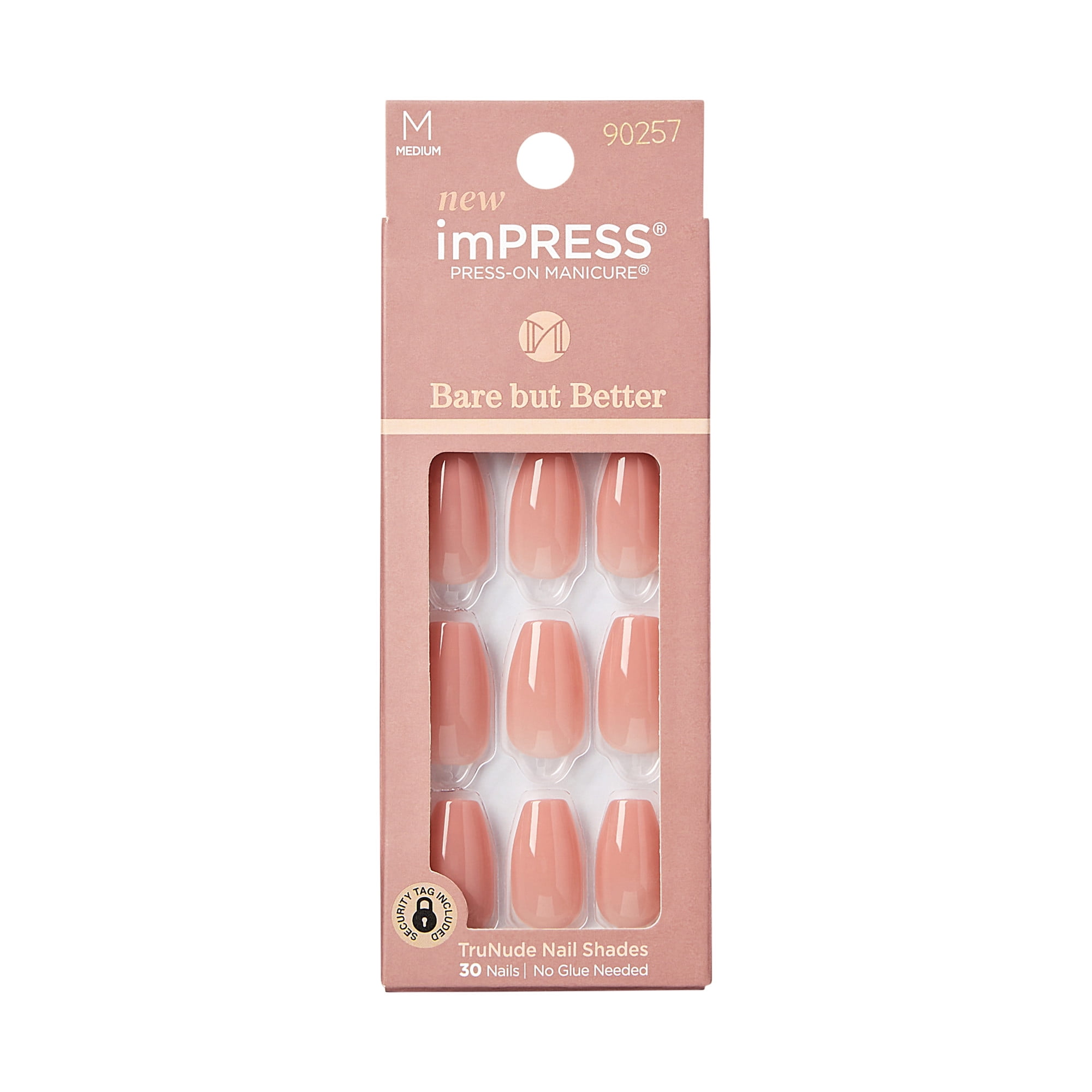 KISS imPRESS Bare but Better Press on Nails, Real World, Beige, Medium Coffin, 30 Count