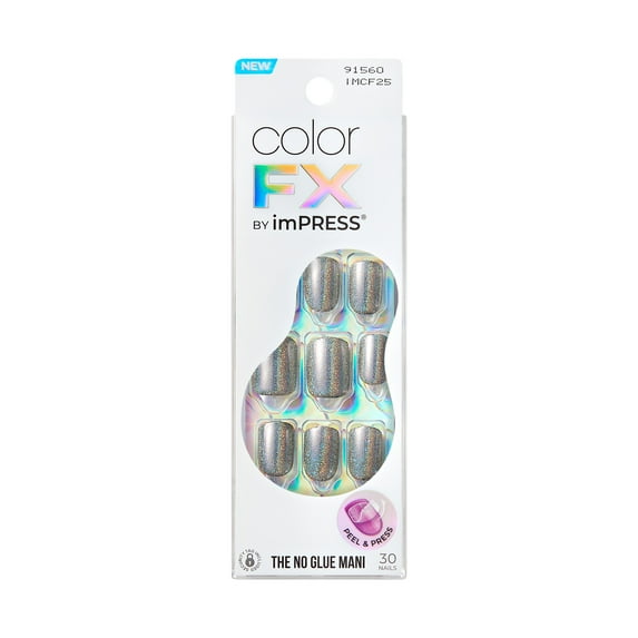 KISS imPRESS Color FX  Press on Nails, The Good Days, Silver, Short Squoval, 30 Count