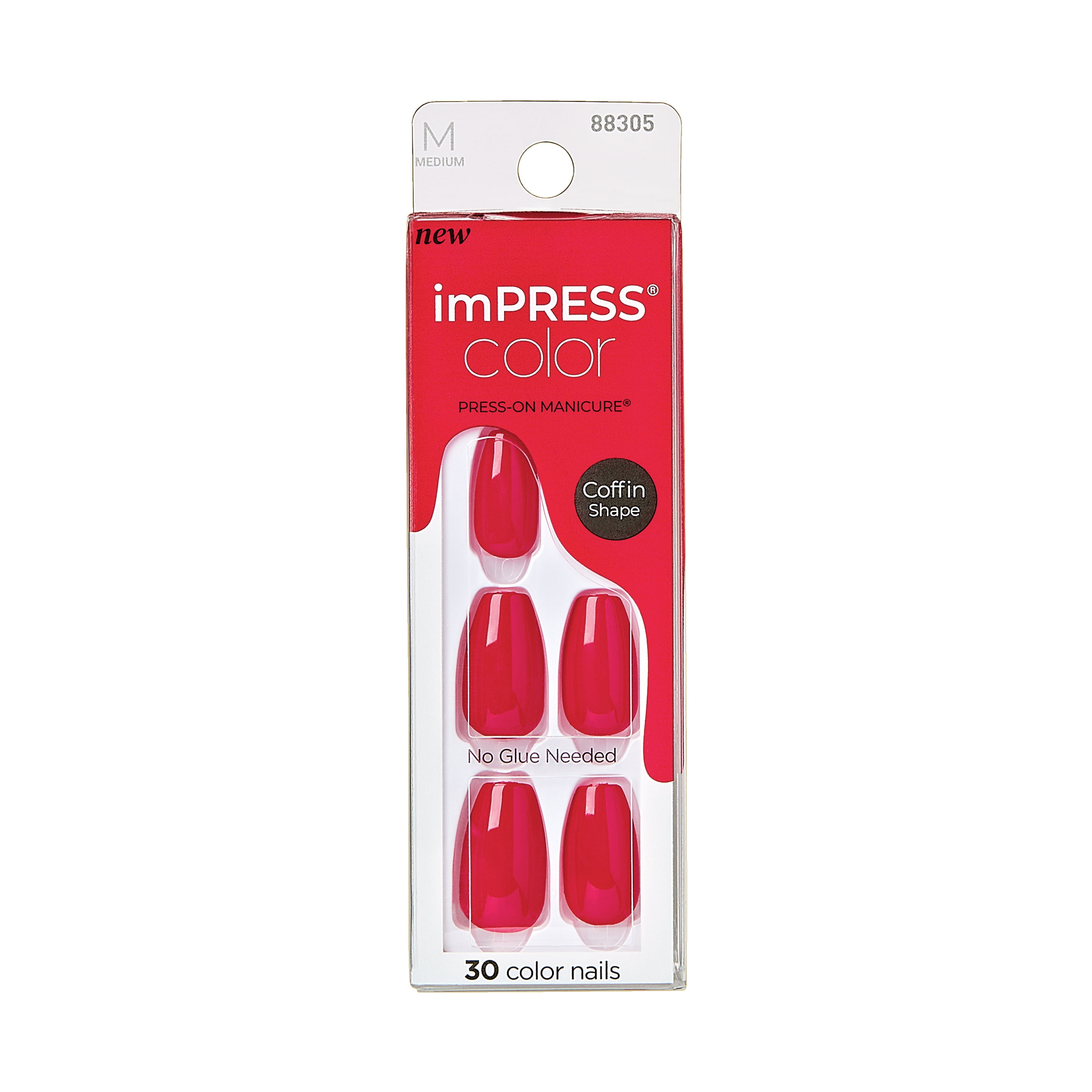 KISS imPRESS Color Long-Lasting Medium Coffin Press-On Nails, Solid Red, 30 Pieces